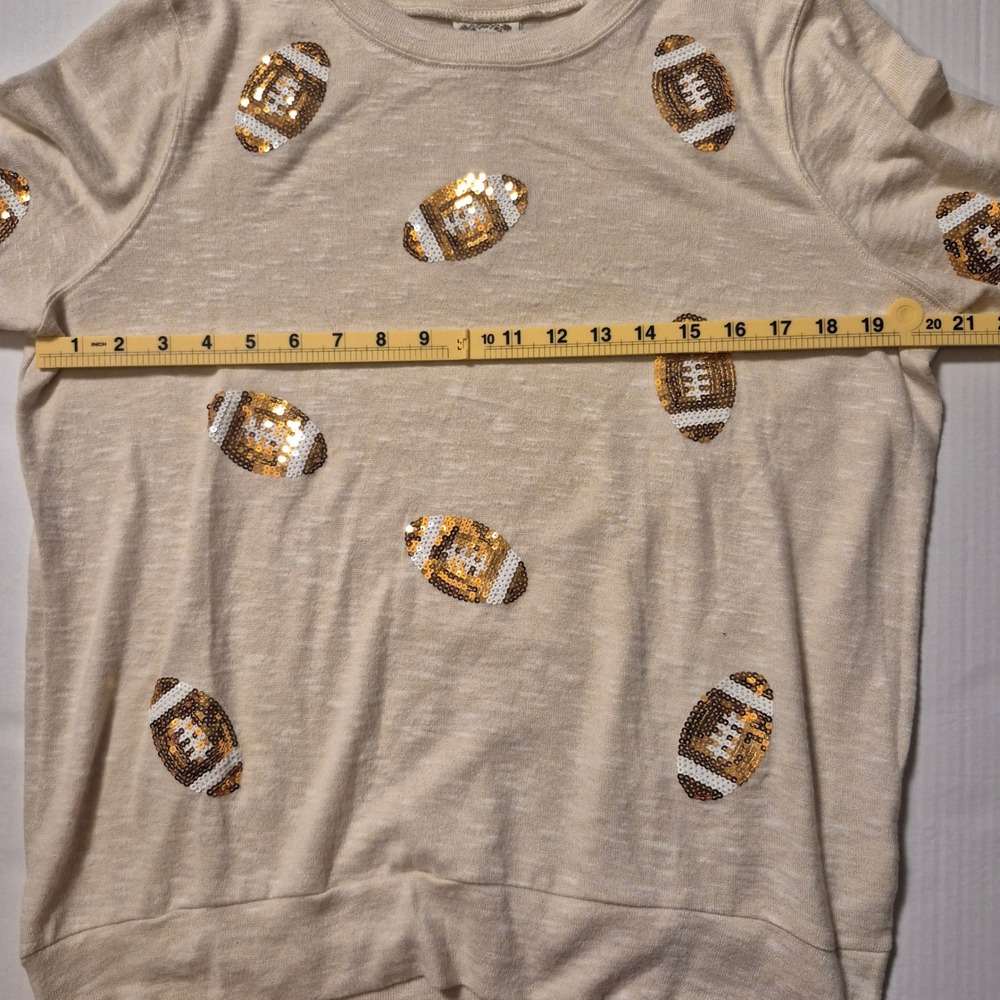 Tru Self Sequin‎ Football Sweatshirt Womens Lg Cream Long Sleeve Casual Cozy Top - Picture 8 of 9